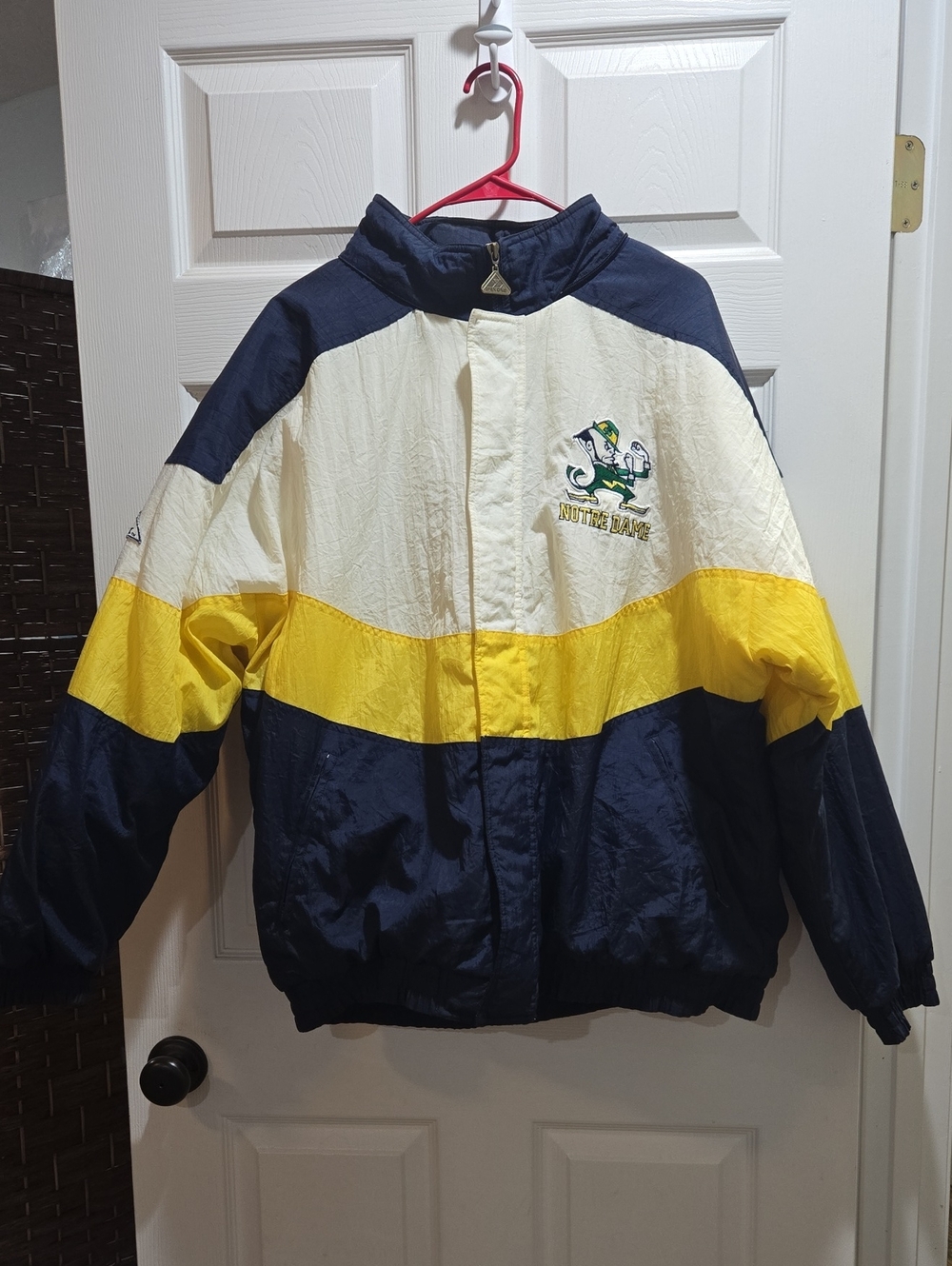 Apex One Notre Dame Adult Colorblock Puffer Jacket - Navy/Yellow/Cream. Vintage.